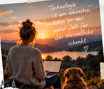 Abendsonne über einer Landschaft, ein Mensch mit Laptop und Hund